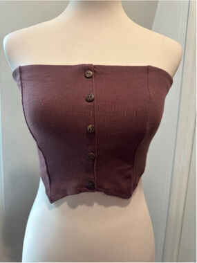 Bozzolo Ribbed Strapless Tube Top Brown Button Front Stretch Size Medium